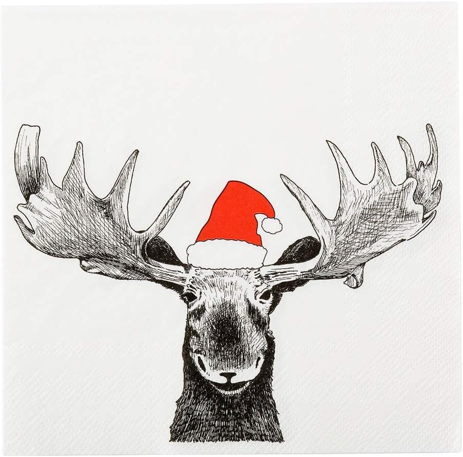 Restaurantware 13 Inch Paper Luncheon Napkins 500 Holiday Moose Design Printed Napkins - 3-Ply Textured Edges White Paper Decorated Napkins Soft And Strong For Parties Or Catering Events