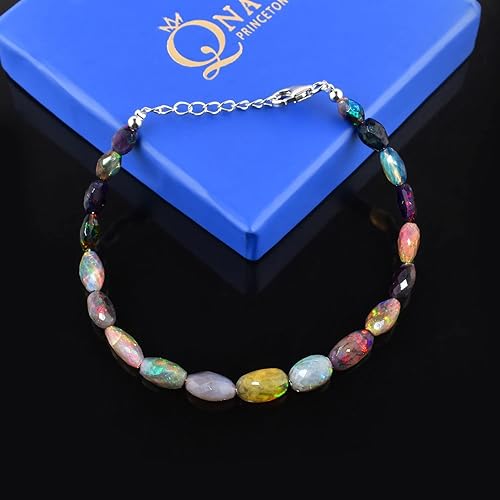Miniatura 9 de Ultra Fire Ethiopian Opal Gemstone Beads Dainty Choker Bangle Bracelet for Women, Handmade Jewelry, Chakra Healing Crystals, Birthstone, Rhodium