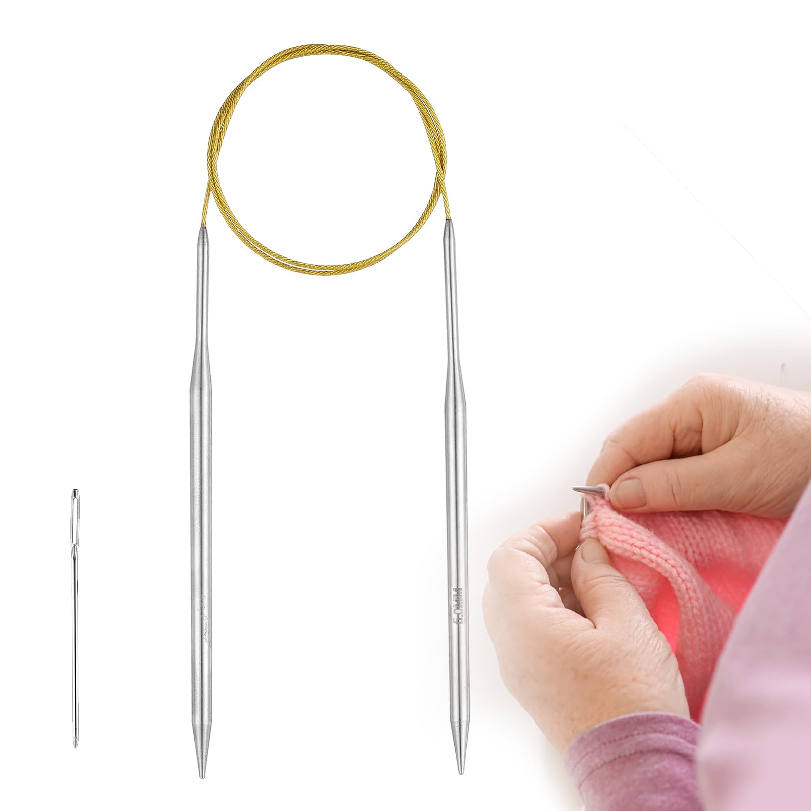 Guclud 6mm Circular Knitting Needles 100cm, Metal Circular Needles with Flexible Cable, Stainless Steel Round Knitting Needles for Beginners, Knitting Pins for Blanket, Scarf, Hats