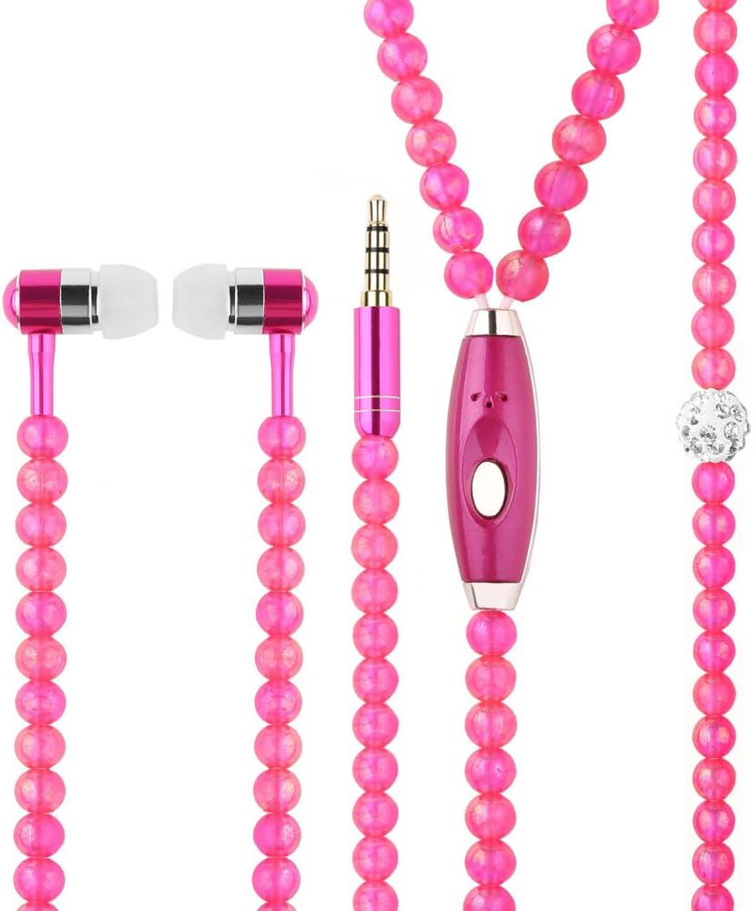 Women Girl Necklace Earphones,Super Bass HiFi Wired Earbuds Headphones with Mic Stereo Sound Music Earpiece for iOS and Android Smartphone (Rose red)