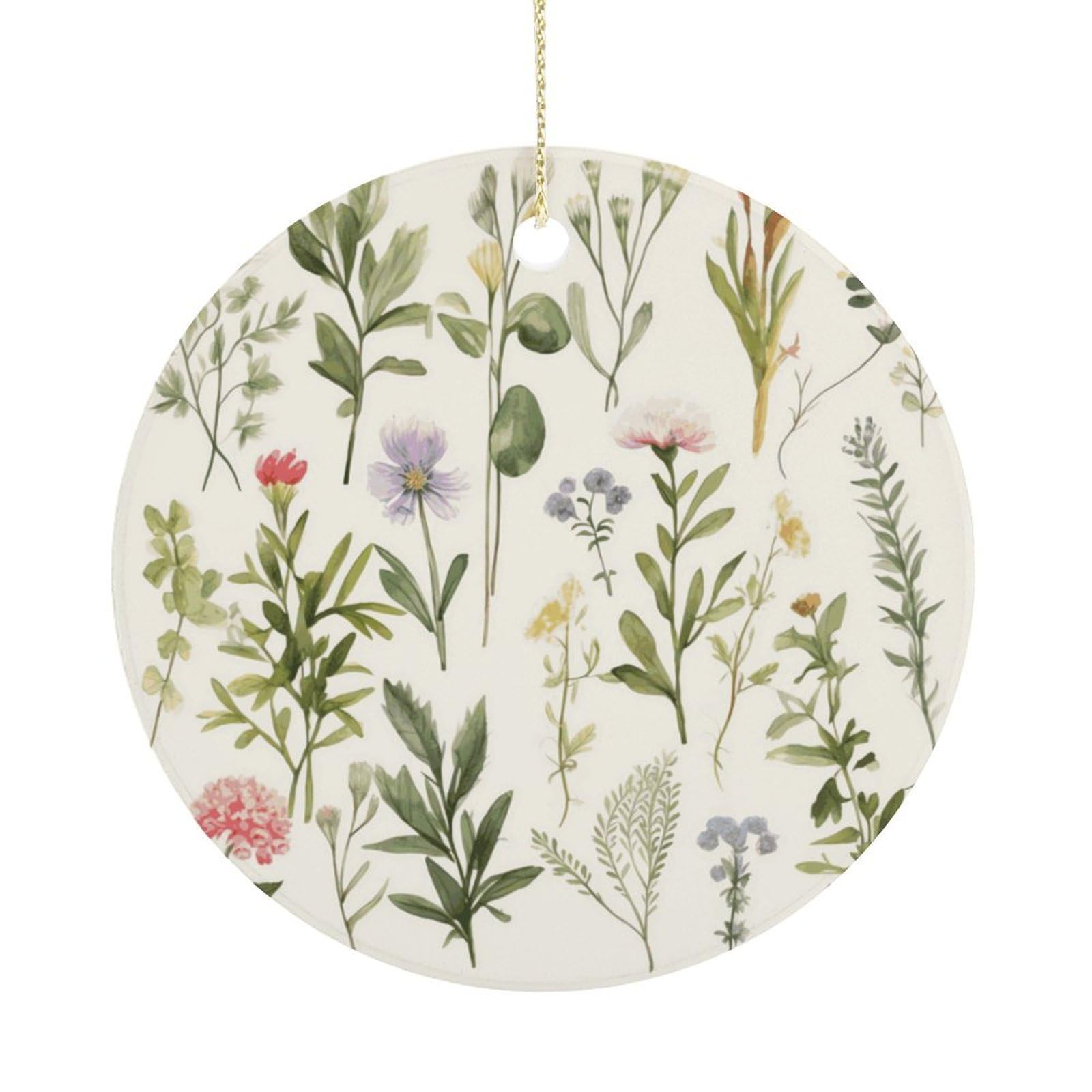 Season Watercolors of Herbs Flowersb Christmas Ornaments Colorful Round Ceramic Ornament Christmas Hanging Decor Christmas Tree Decorations Xmas Keepsake for Women Men Xmas Holiday Party
