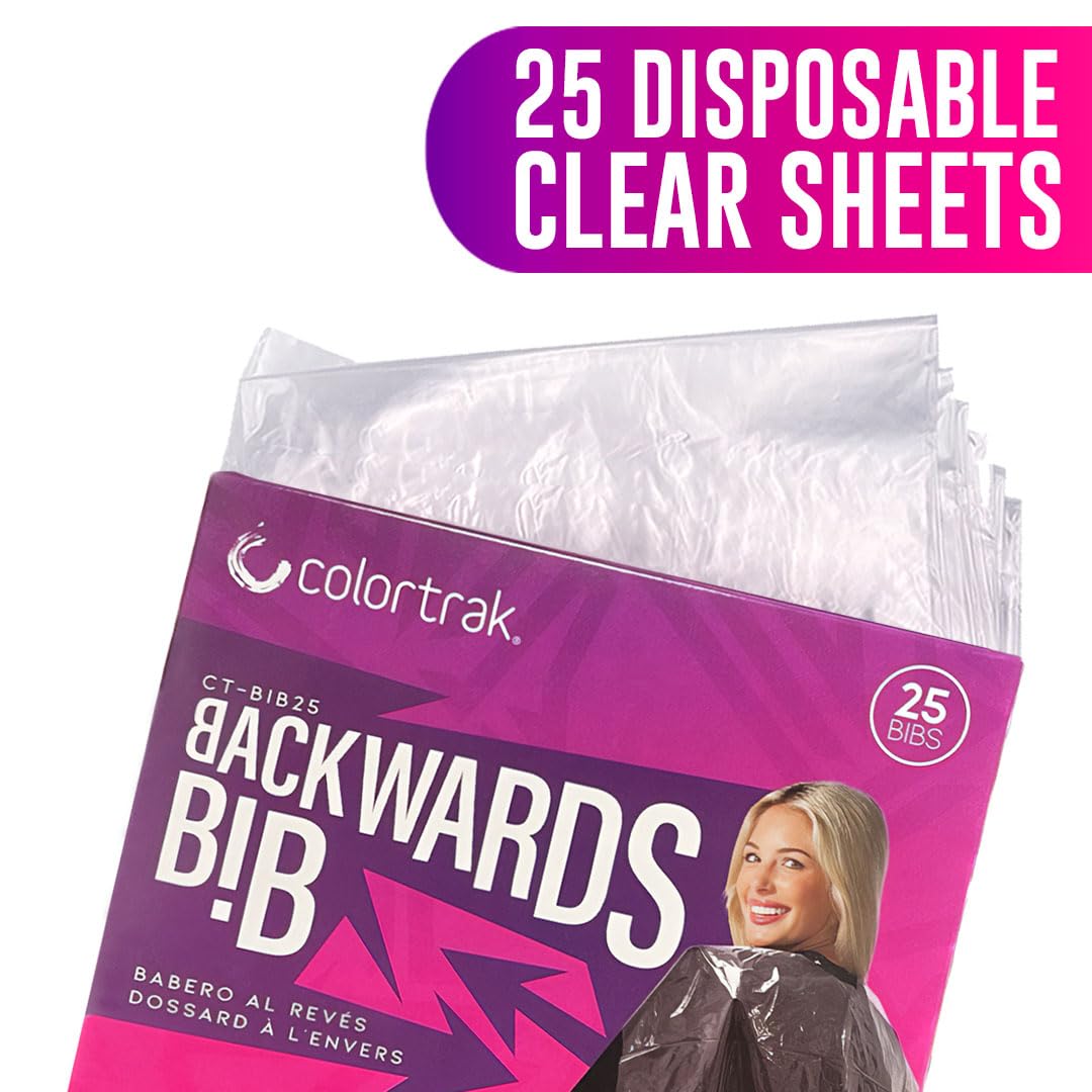 Colortrak - Babero para peluquería, impermeable, desechable, para corte y teñido de cabello, protege a los clientes, capas y sillas de salón, 24 x 38 pulgadas, incluye 25 baberos, Claro 6