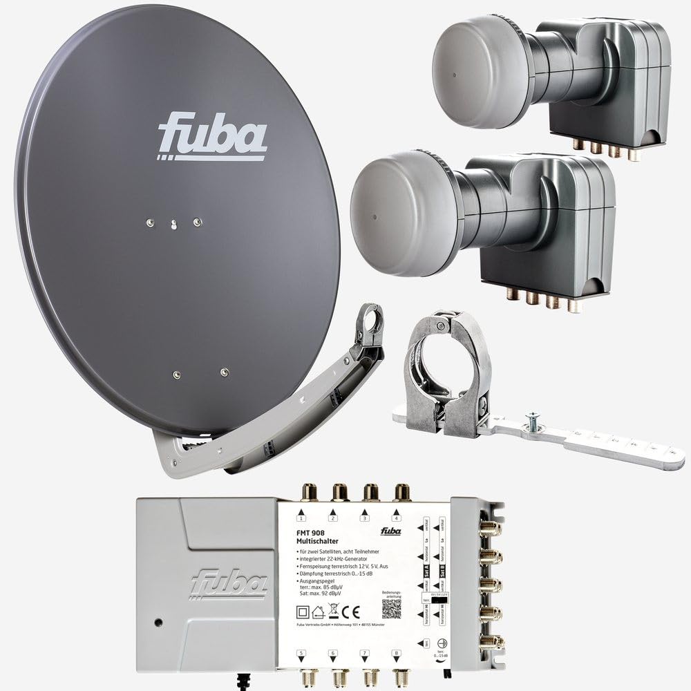 Fuba Sat Anlage 8 Teilnehmer - 2 Satelliten (z.B. Astra/Hotbird) | DAA 780 A Satellitenschüssel 80cm Alu anthrazit (Testergebnis: ausgezeichnet)* + 2X LNB + Multifeed + Multischalter 8 Teilnehmer