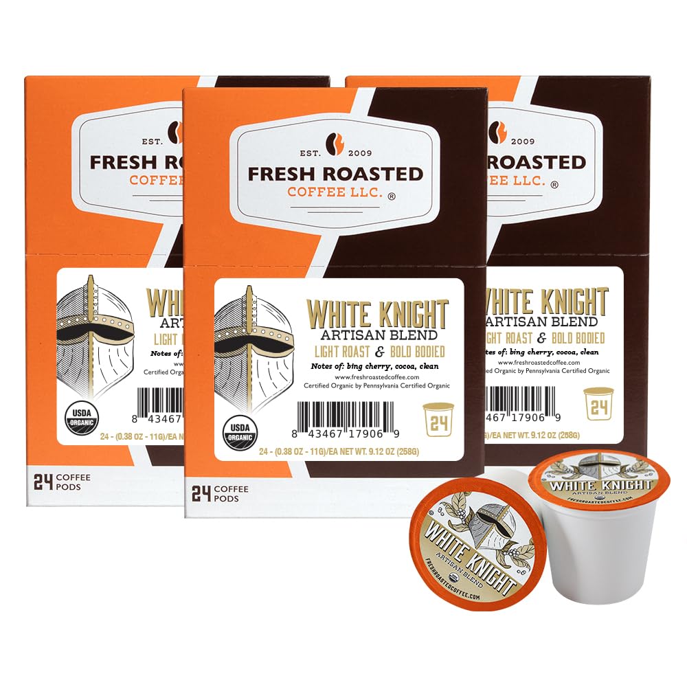 Fresh Roasted Coffee, Organic White Knight | USDA Organic, Kosher | Light Roast 72 Pods for K Cup Brewers
