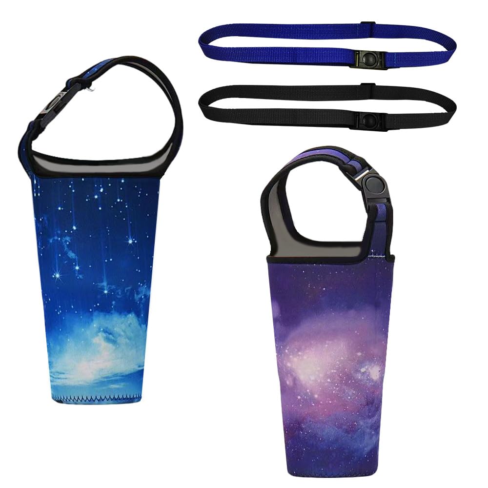 XINGSUI 2 Styles Neoprene Sleeve with Adjustable Shoulder Strap, Bottle carrier ，Water Bottle Tumbler Carrier Holder Pouch with Carrying Handle, Reusable Fits all 30 oz Cup(Blue and Purple Starry Sky) — image 1