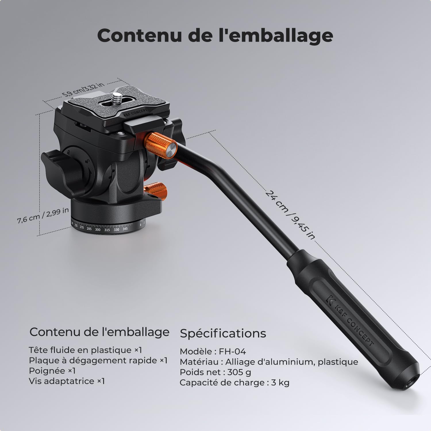 K&F Concept Tête Fluide Plastique 360° Charge 3,45kg | Légère, compatible Arca-Swiss, pour voyage/extérieur/vlog - FH04