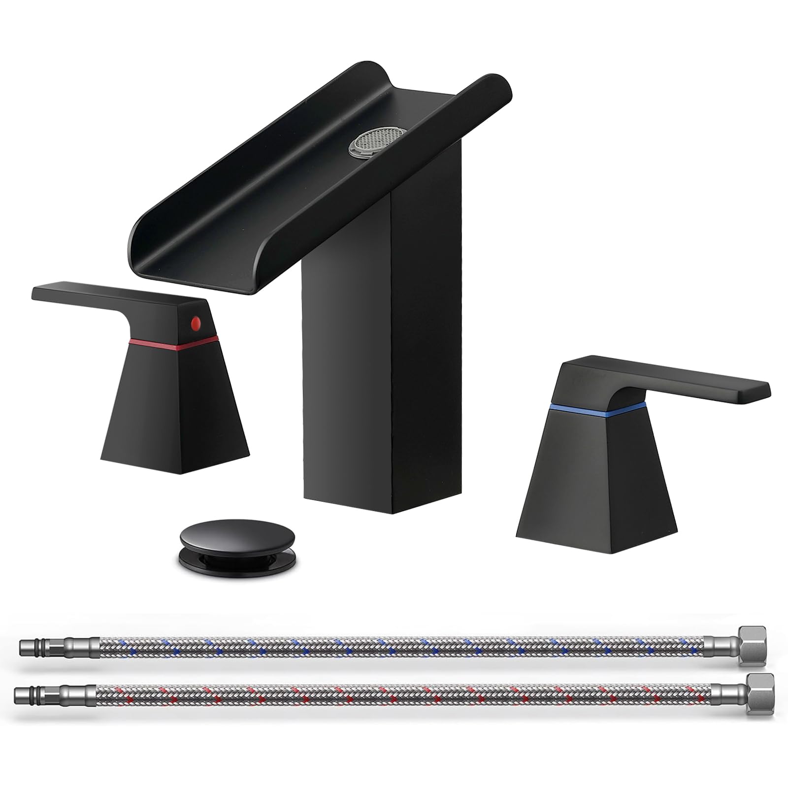Hcfyauis A - Black Matte Black Bathroom Faucet For 3-Hole Vanity Sinks 8 Inch Widespread Waterfall Lavatory Faucet With Two Handles, Pop-Up Drain, And Supply Hoses