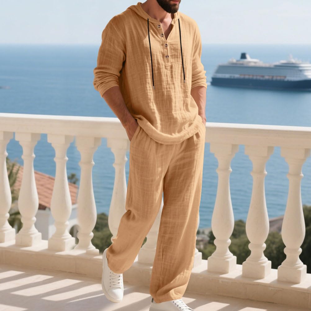 Homme Ensemble en Lin 2 Pièce Chemises Shirt à Capuche Manches Longues Pantalons Casual Vintage Survêtement Printemps Été