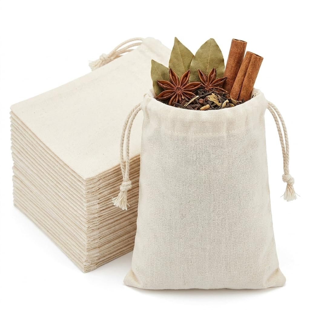 50Pcs Reusable Cotton Muslin Bags with Drawstring, Spice Herb Bags for Cooking, Drawstring Bags Small Tea Filter Bags for Loose Tea, Bouquet Garni Soup, 8x10cm