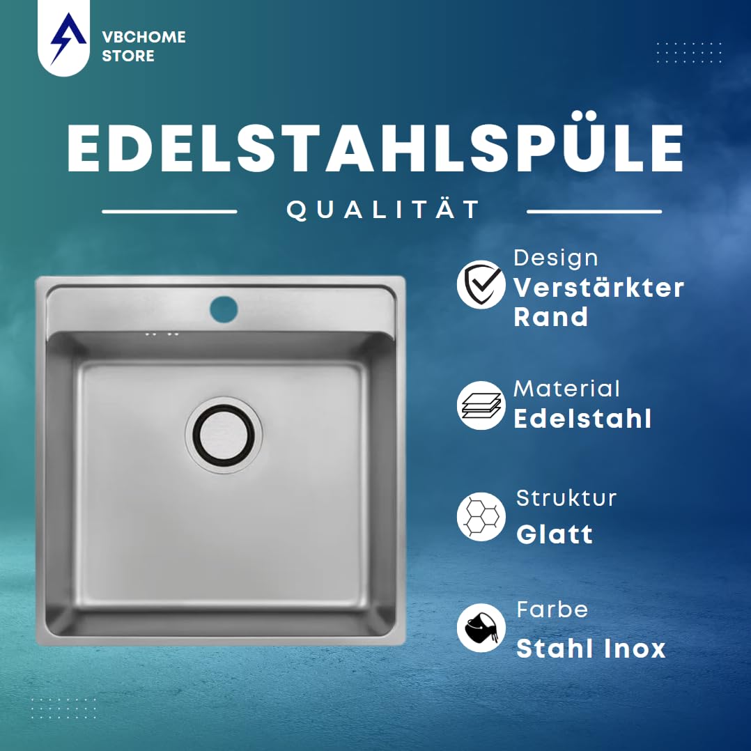 VBChome Edelstahlspüle mit Armatur 49 x 48 x 21 cm Inox Glatt Edelstahl Einbauspüle mit Hahnloch Küchenspüle Spüle Groß Becken Siphon Edelstahlspüle Armatur Inox mit ausziehbarem Auslauf