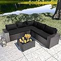RTDTD 6 PCS Outdoor Patio Furniture Set,Outdoor Sectional Furniture All Weather PE Rattan Wicker Patio Conversation Set with Coffee Table and 5 Thickened Cushions,Black