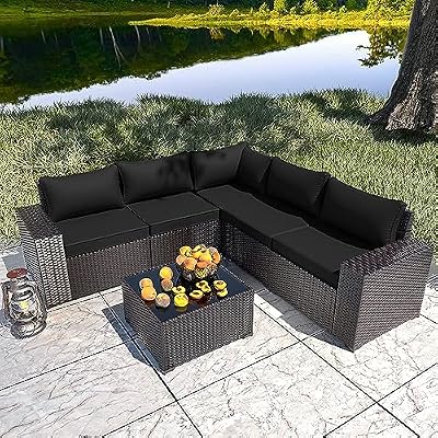 RTDTD 6 PCS Outdoor Patio Furniture Set,Outdoor Sectional Furniture All Weather PE Rattan Wicker Patio Conversation Set with Coffee Table and 5 Thickened Cushions,Black