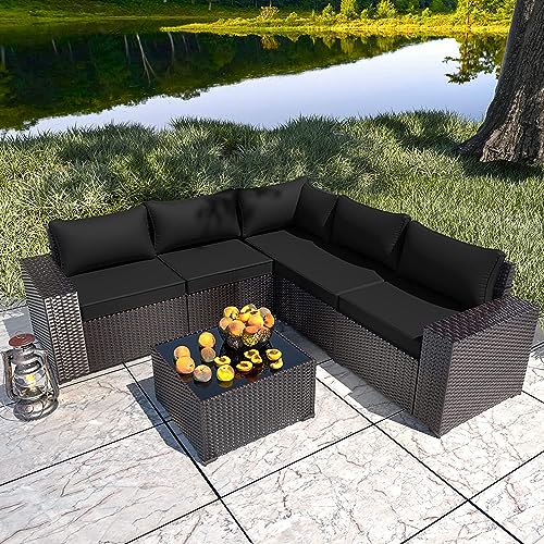 Image of 6 PCS Outdoor Patio Furniture Set,Outdoor Sectional Furniture All Weather PE Rattan Wicker Patio Conversation Set with Coffee Table and 5 Thickened Cushions,Black