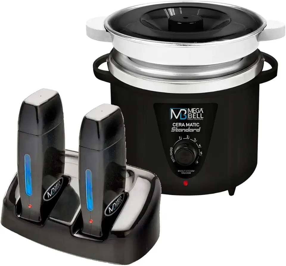 Termocera Panela Depilação 900g c/Refil + Base Dupla c/ 2 Rollon Preto Mega Bell