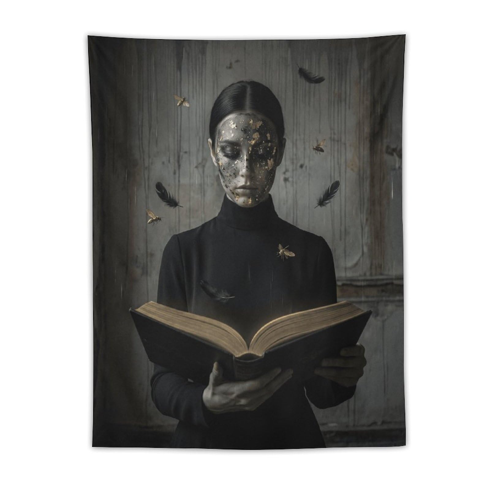 W7C8U2X3 Silver Mask Reader Wall Tapestry, Detailed Illustration