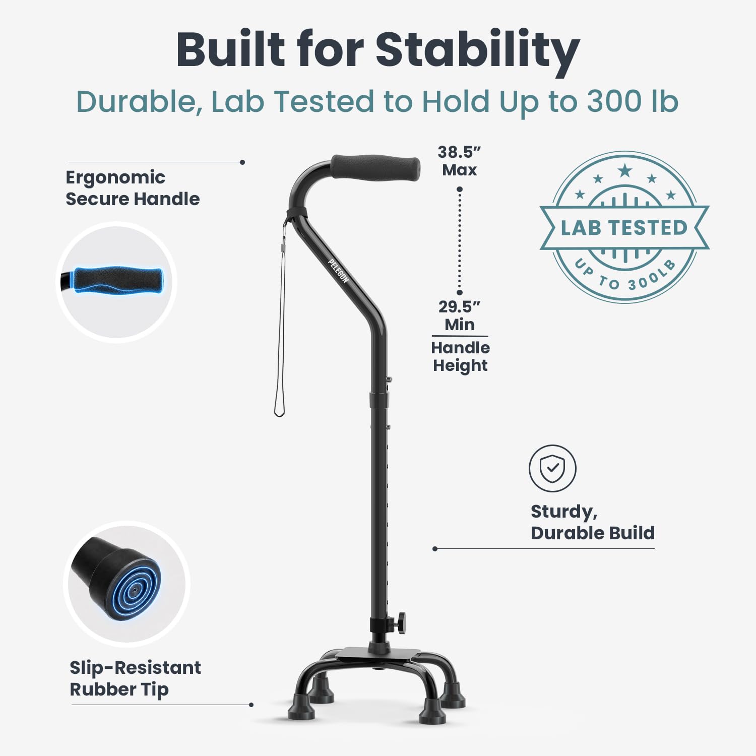 PELEGON Bastón cuádruple (300 libras) – Bastón ajustable con una gran base de 4 puntas para mayor equilibrio y estabilidad, bastones para personas mayores, bastón para hombres y mujeres, bastones