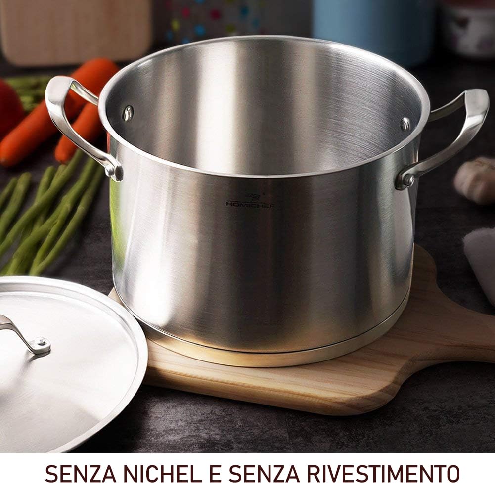 HOMICHEF Pentola in acciaio inossidabile ecologico pesante senza nichel con coperchio (24 cm, 7,6 Litri) - Pentola a induzione - lucidata opaca