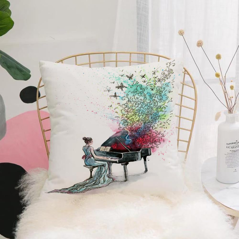 HYMSXW Cushion Cover,Throw Pillow Case Home Decorative for Living Room Bedroom Sofa Chair 20X20 Inch,Piano, watercolor pattern art illusion of piano girl,Pillowcase 50X50cm
