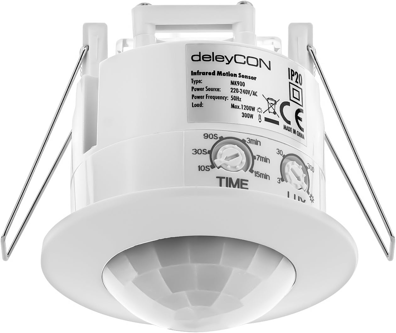 1x Infrared Motion Detector Flush-Mounted Ceiling Mounting Interior Light Control 360° Working Area 6m Range Built-In Light Sensor White