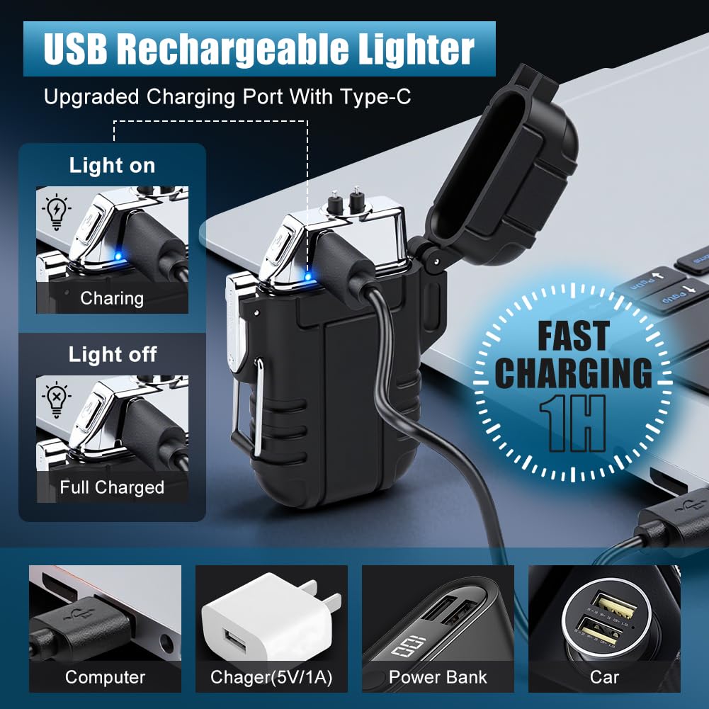 Electric Lighter Rechargeable USB C, Electronic Plasma Arc Lighter Waterproof and Windproof Weatherproof for Camping Hiking Survival, Portable Black Lighters Gifts for Men — view 4