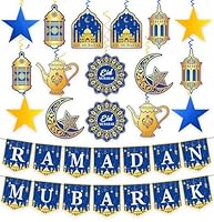 34Pcs Ramadan Decorations Pre-Assembled Mubarak Eid Kareem Muslim Banner Hanging Swirls Garland Decor Party Supplies Ramadan Decorations for Home