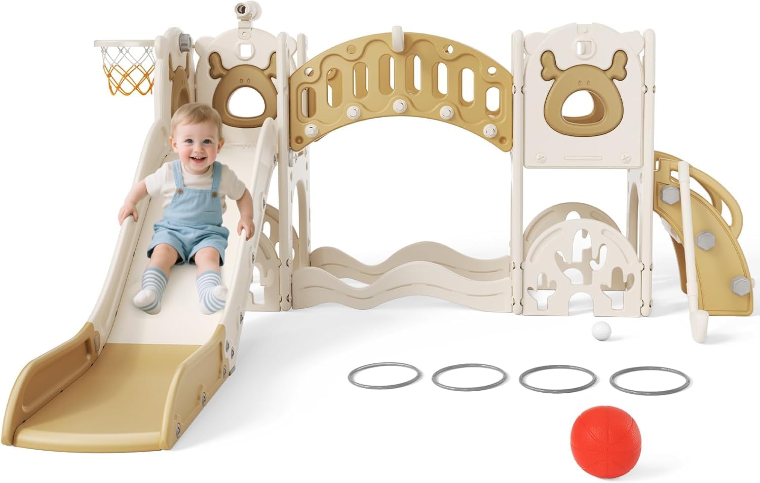 Grand toboggan pour enfant avec panier de basket-ball, cadre d'escalade pour jardin, télescope et espace pour 1 à 3 ans, extra long 1700 mm (modèle Elk Slide Active 7 en 1 (Kaki))