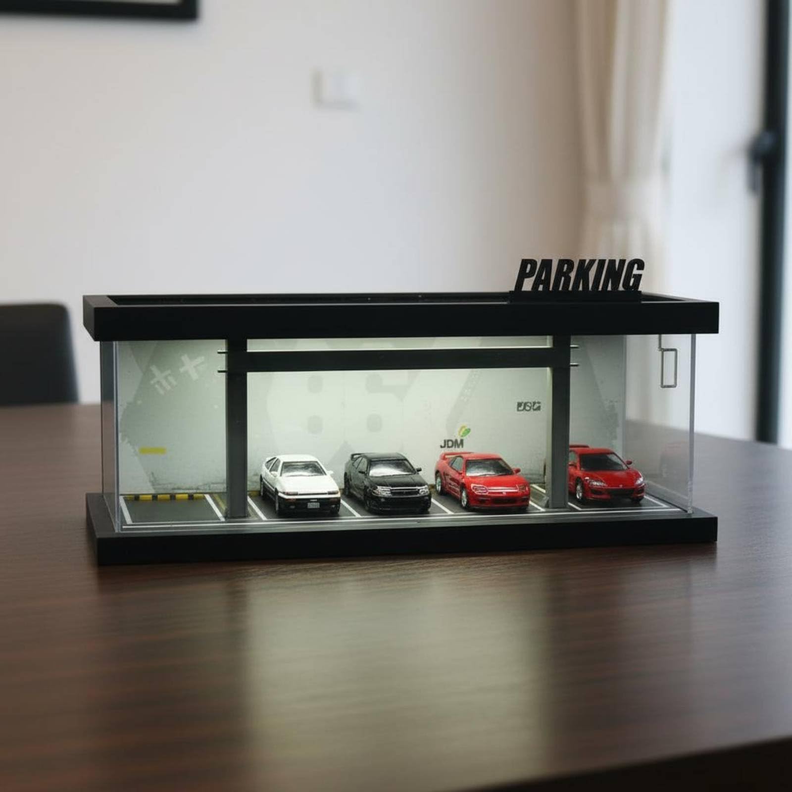 Parkhaus Modellauto Vitrine Diorama Garage Sammelvitrine Modellgarage Miniaturparkhaus Acrylgehäuse Staubschutz Display, Garagen-Stil, Beleuchtet, Montage, D-Modell