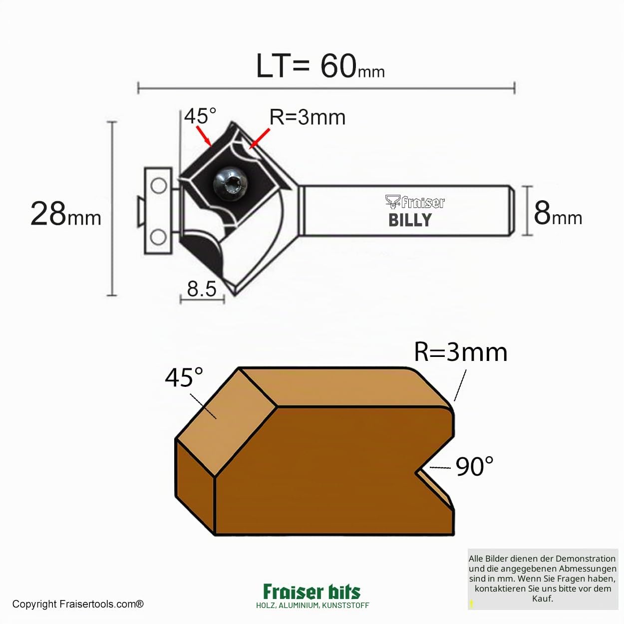 Fraiser Kantenfräser 3-in-1 - Fasenfräser 45 Grad, Abrundfräser / Radiusfräser R3 und V-Profilfräser 90 Grad, mit Kugellager und Wendeplatten, 8 mm Schaft - für Oberfräse, Kantenfräse und Frästisch