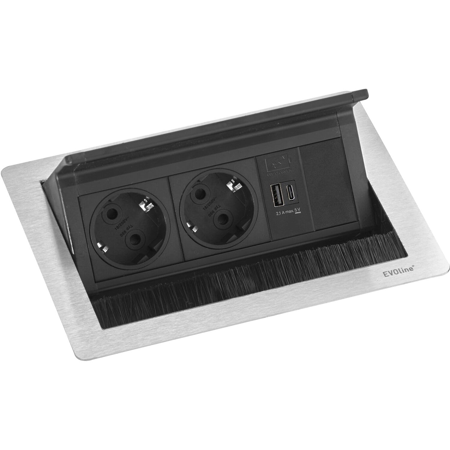 Evoline Flip Top Push S - Presa da incasso a 2 prese con USB A & USB C Charger, 230 V – 3500 W, in acciaio inox