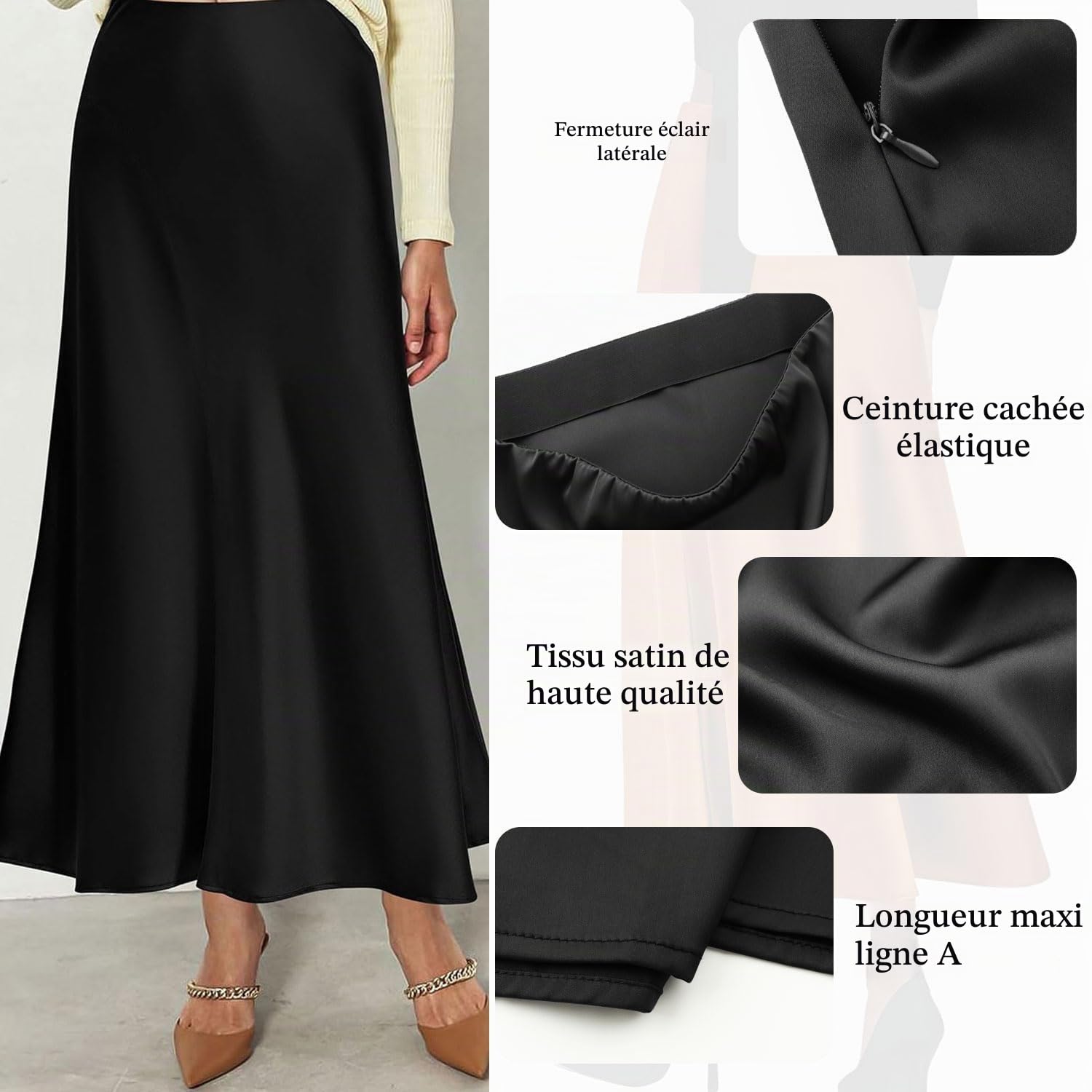 Genfien Jupe Femme en Satin Maxi Taille Elastique à Taille Haute Midi avec Fermeture éclair Élégante Casual
