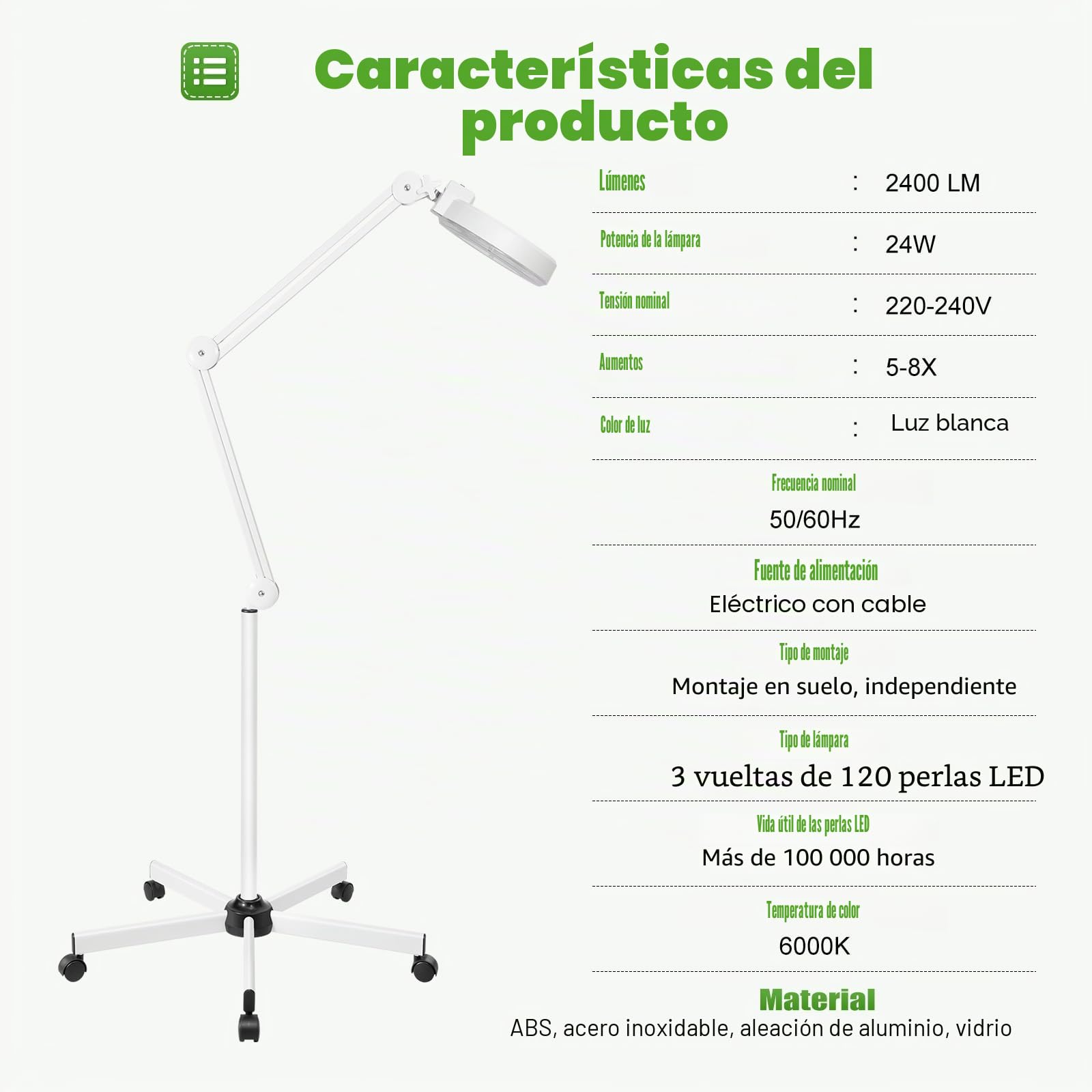 8 lámparas LED con lupa con luz, 24 W, lámpara de mesa con lupa, lámpara de pie para estudio de belleza, aumento 8X, ahorro de energía, con ruedas y brazo ajustable.