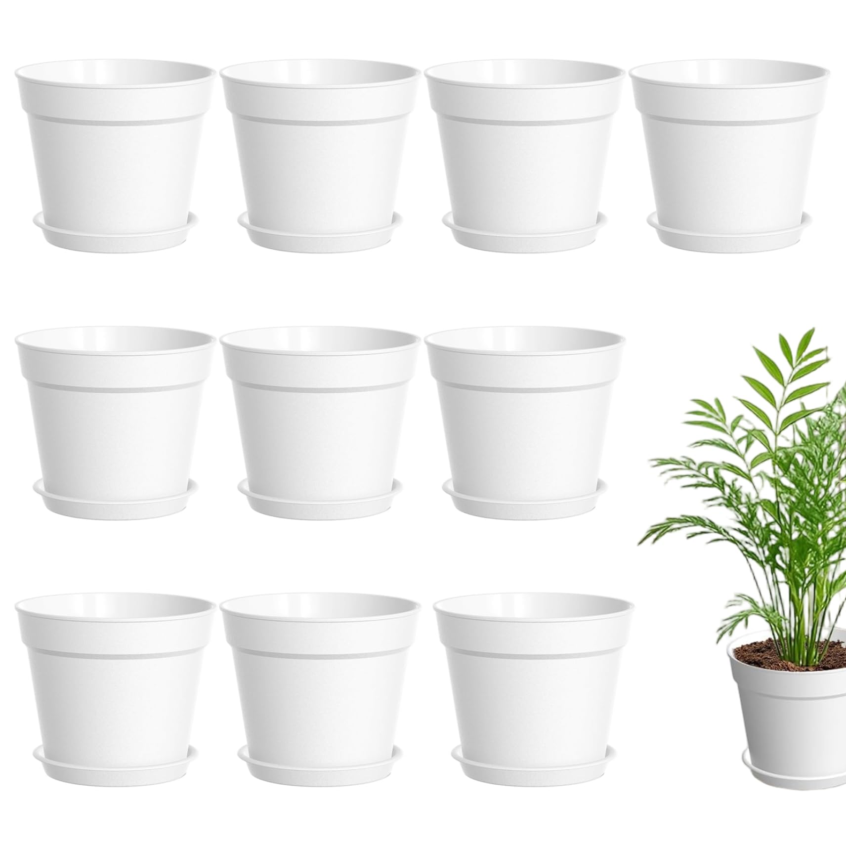 Otbushit Plant Pots 10 Pack, White Flower Pots Indoor with Drainage & Saucers for Healthy Roots, Small for Plants Indoor and Outdoor
