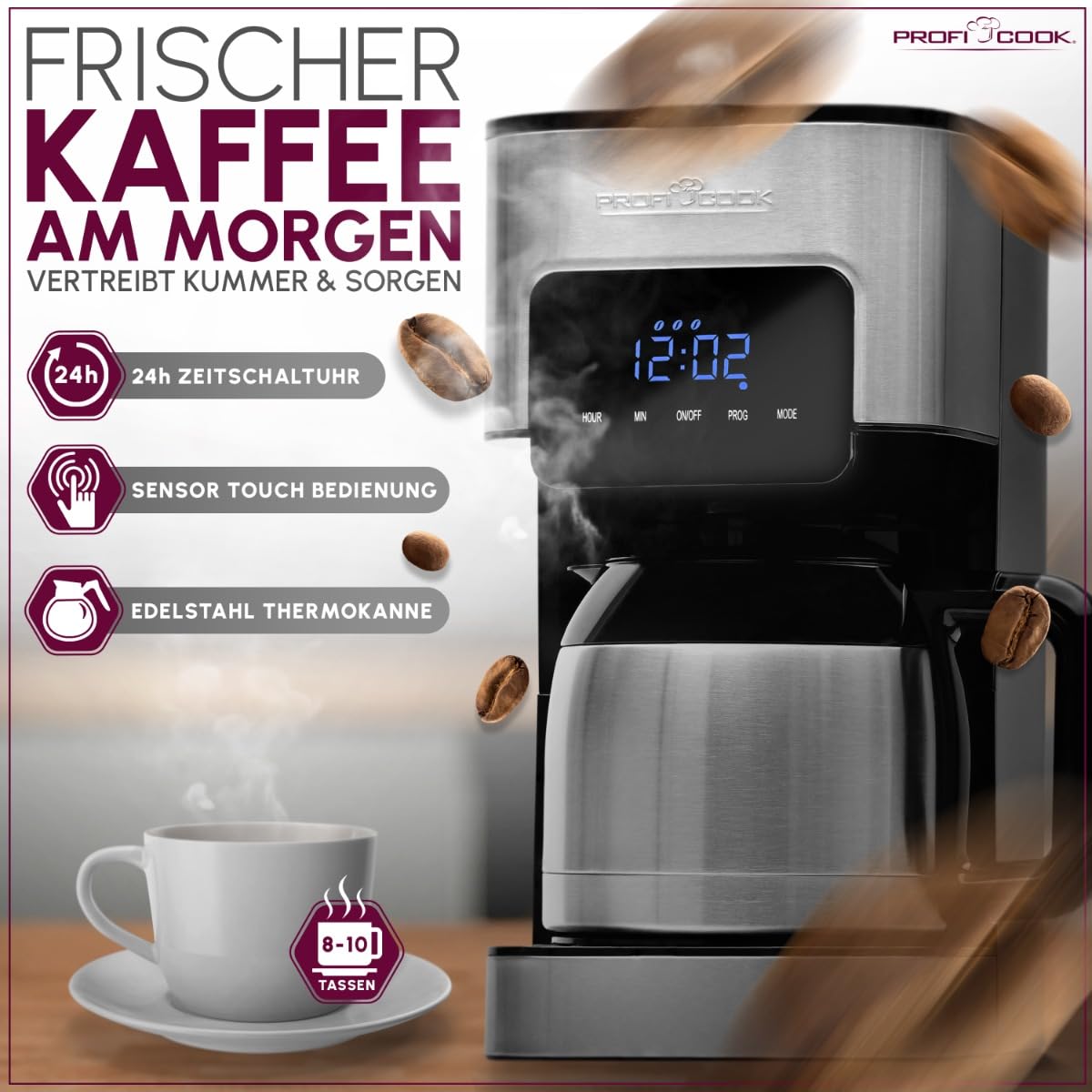 Profi Cook PC-KA 1191 - Cafetera automática, función electrónica de selección de aroma, control táctil, termo de acero inoxidable (doble pared)