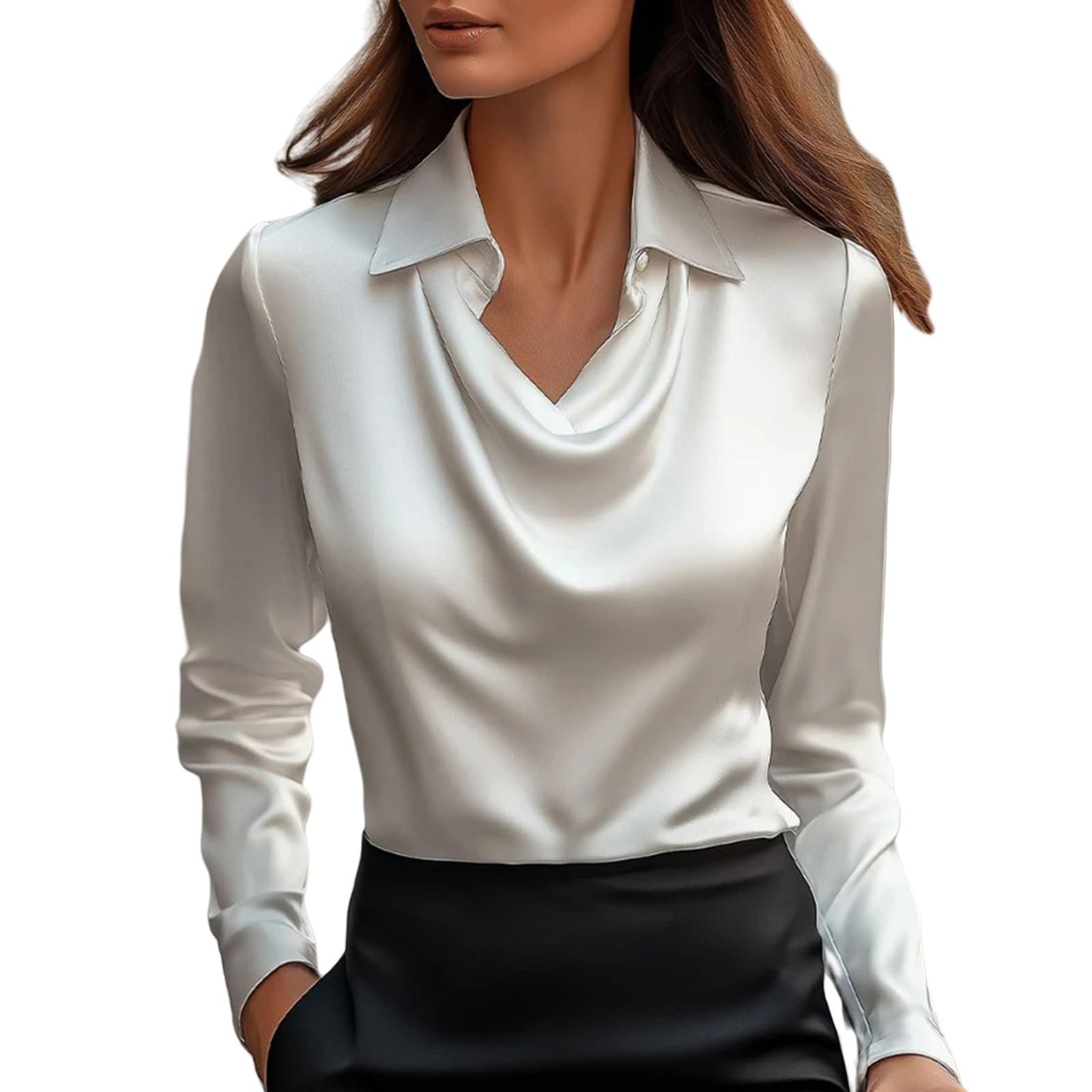Chemisier Femme Satin à Col en V Manches Longues Chemise Chic et Élégante Casual Soie Shirts Tops Mode Décontracté Couleur Unie Classique Blouse Printemps Automne Ample Tunique