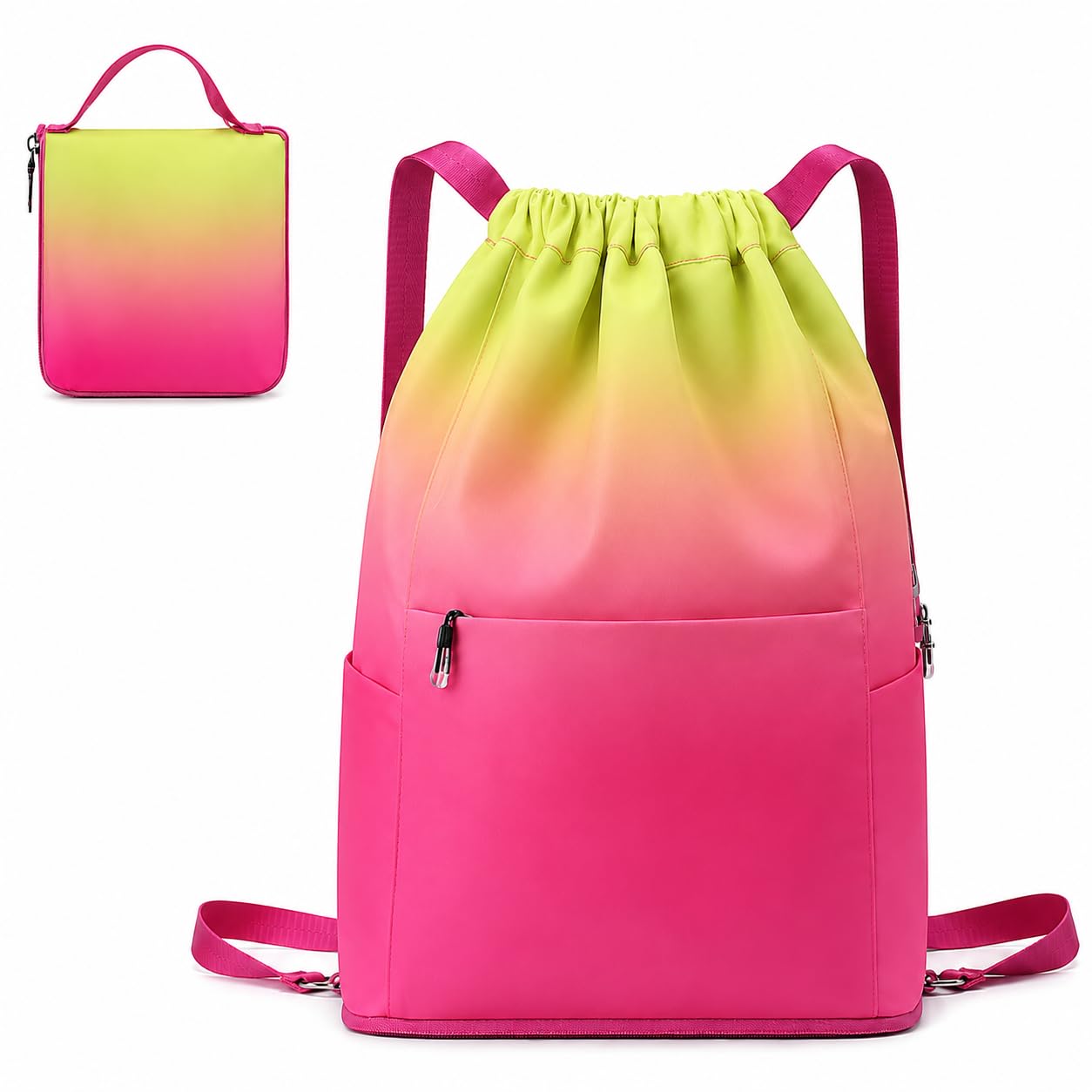 Gradient Drawstring Bags Foldable Multi-Pocket Large Capacity (Yellow-Pink)
