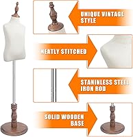 Vista 2 de Maniquí de forma de vestido para niños con base de madera, maniquí de exhibición infantil, formas de busto para niños de 4-5 años, marrón