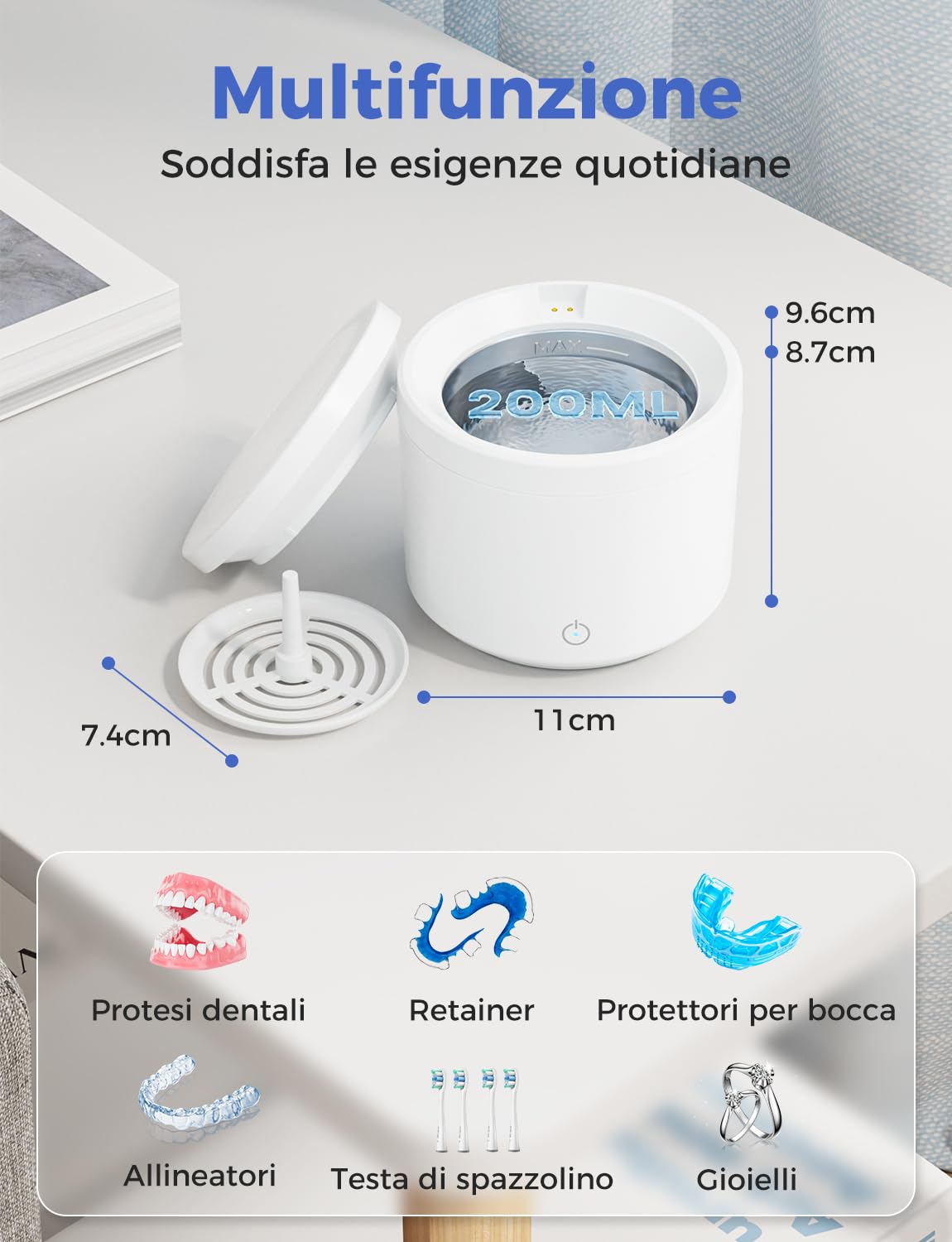 Pulitore Ultrasuoni 48000Hz, Pulitore Ultrasuoni Apparecchio Denti 200ml con UV Lampada e Pulizia di Baske, per Bite/Protesi dentali/Fermi/Testine di Spazzolini da Denti, Bianco