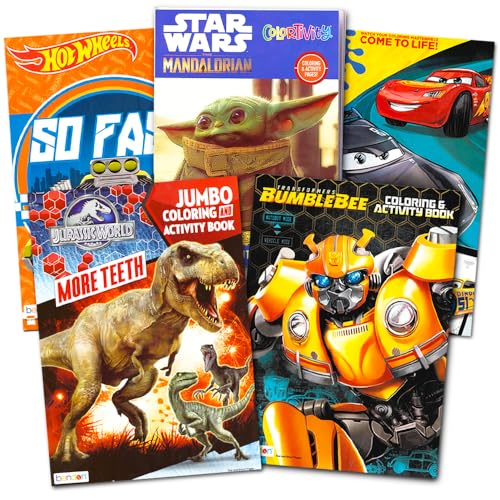 Super set di libri da colorare per ragazzi, include 5 libri e adesivi (Hot Wheels, Transformers, Jurassic World, Star Wars, Disney Cars)