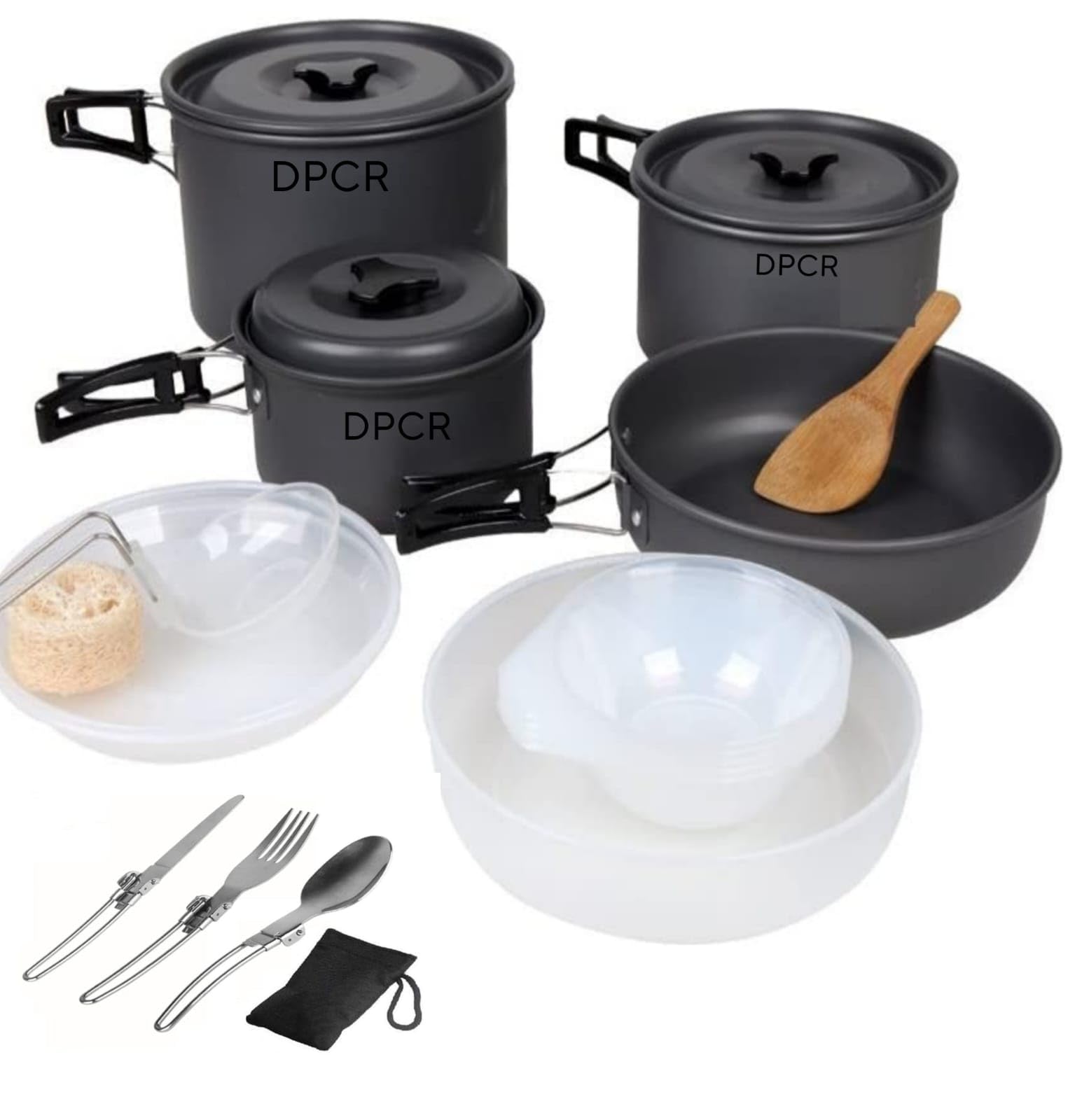 DPCR Camping Cooking Mess Kit with Spoon Set, Lightweight Hiking Portable Cookware Set with Mesh Bag, Nonstick Aluminum Cooking Kit, Pot Pan Kettle Backpacking Mess Kit with Bowls (4-5 Person)-image-39