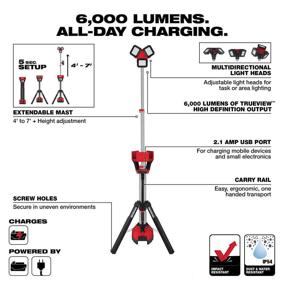 JINYUMT Tower Light, for Milwaukee 2136-20 M18 18V 6000 Lumens Li-Ion Tower Light (Size:9.6 x 10.1 x 41.2 in) - Bare Tool, red,black
