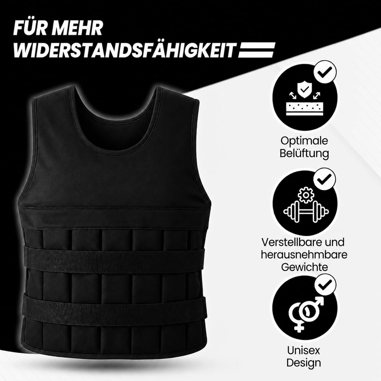 Gewichtsweste Herren Damen – Verstellbar mit Herausnehmbaren Gewichten, Weight Vest für Krafttraining, CrossFit, Cardio & Laufen, Trainingsweste Schwarz