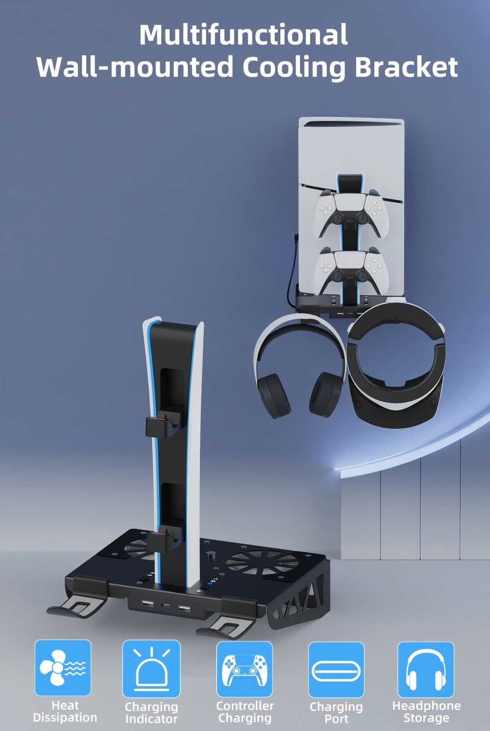 Supporto da parete per PS5 Pro/Slim con stazione di ricarica, supporto con caricatore doppio controller e gancio per cuffie e accessori per ventola silenziosa a 3 livelli