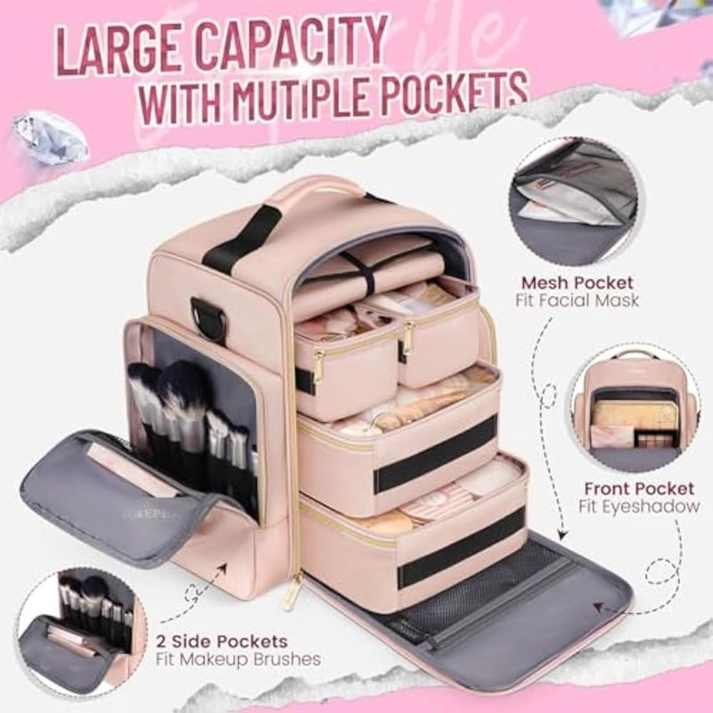 Mochila de maquillaje de viaje, rosa, con 5 fundas extraíbles, bolsas grandes y pequeñas, organizador de joyas, 33 x 31 x 22 cm