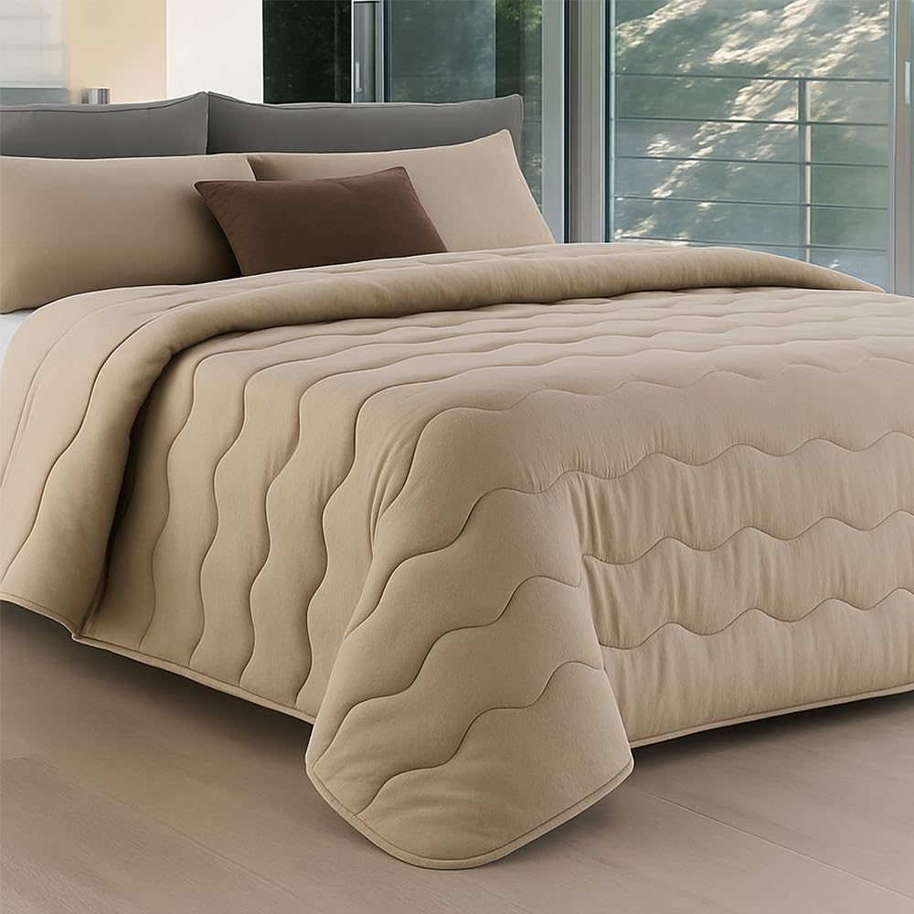 Vionara Home Trapunta Invernale in Microfibra, Tinta Unita Double Face, Imbottitura 300 gr, Piumone Morbido e Avvolgente, Made in Italy (Beige, Matrimoniale)
