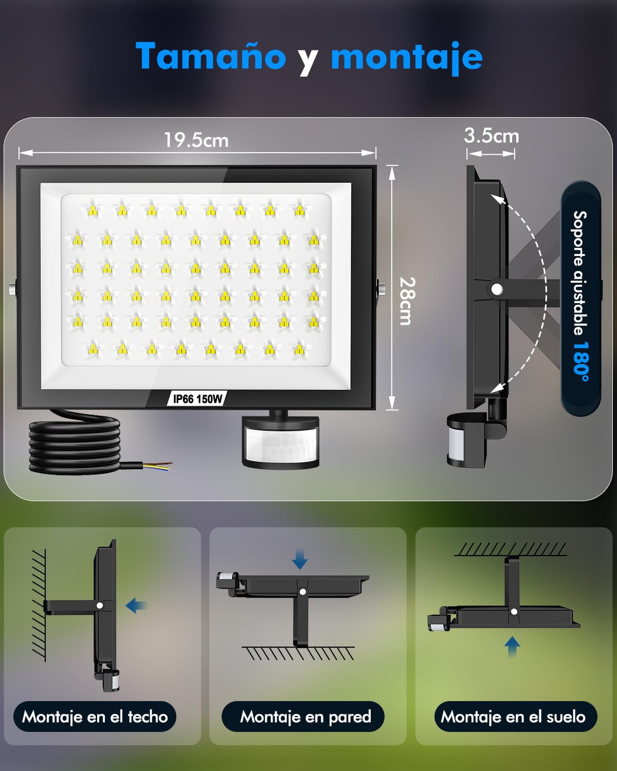 Focos LED Exterior con Sensor de Movimiento 150W, 15000LM Foco Proyector LED, 6500K Blanca fría Luz de Seguridad - IP65 Impermeable Floodlight para Jardín Garaje Patio Estadio Hotel Naves