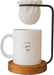 Kit Dia dos Pais, Caneca ' Te Amo Pai' com Mini Coador de Café, Base em Madeira