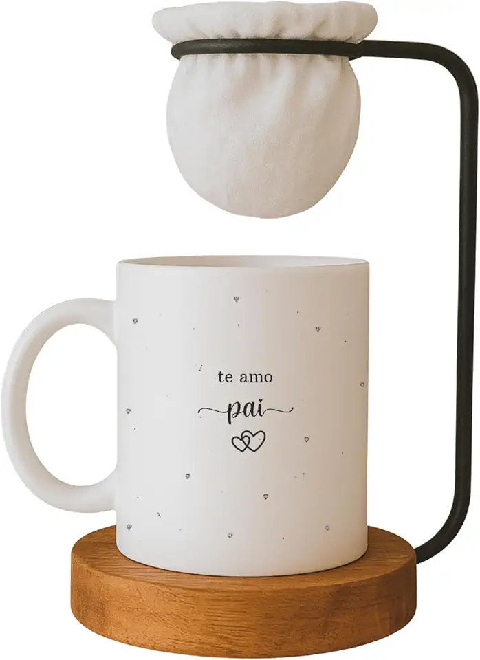 Kit Dia dos Pais, Caneca ' Te Amo Pai' com Mini Coador de Café, Base em Madeira