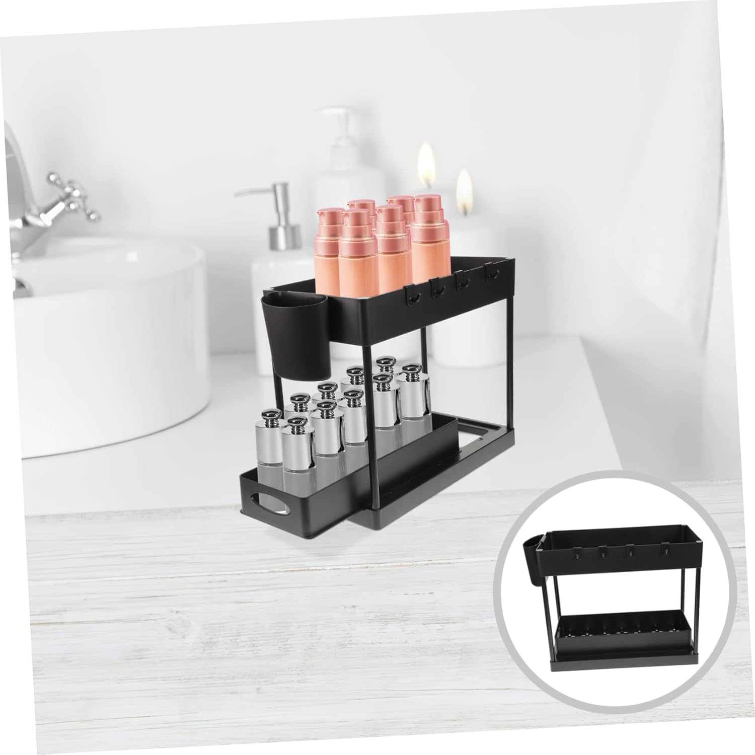 Luxshiny Kitchen Storage Rack Sliding Organizers Bathroom Cabinet Organizer Hooks Cup Black under Sink