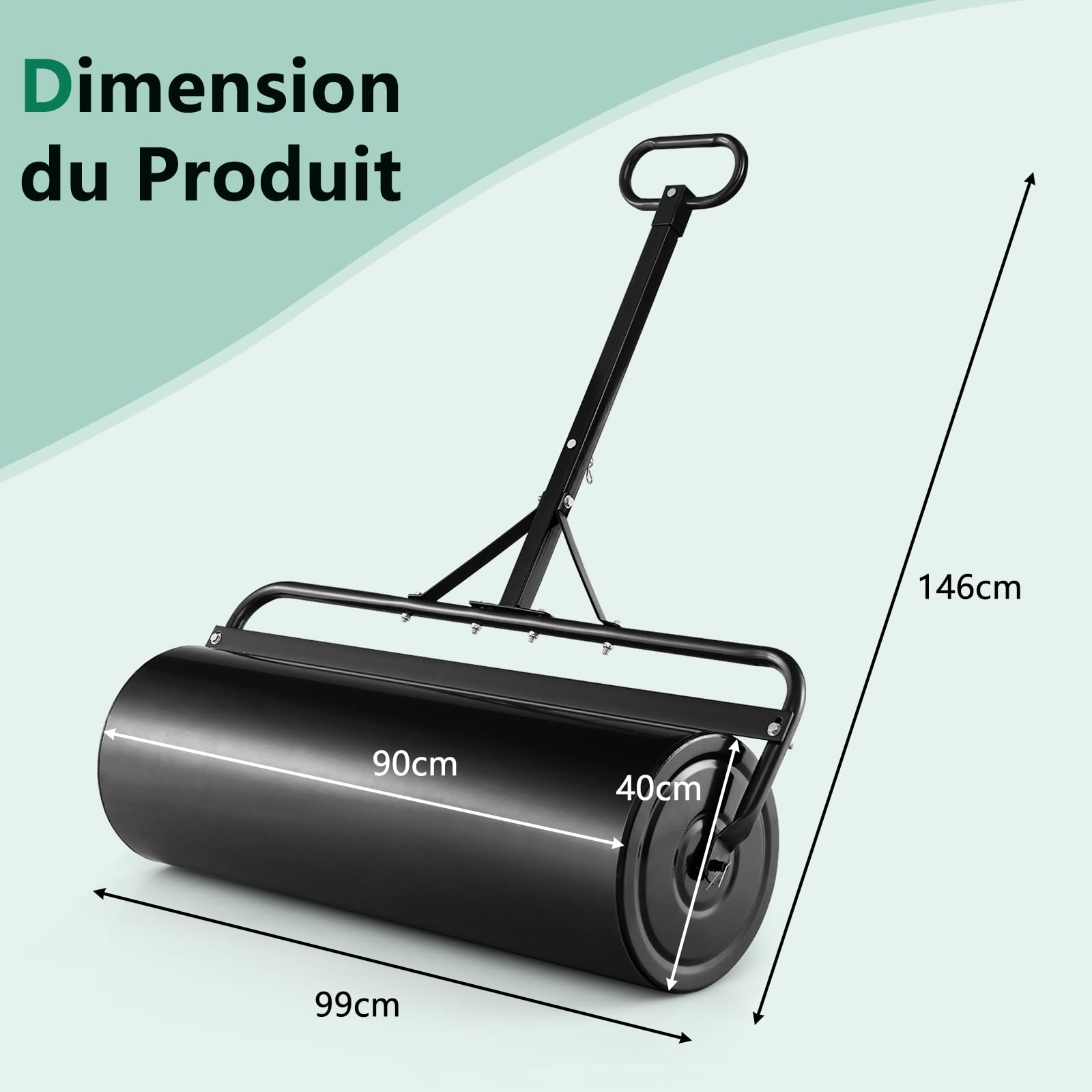 RELAX4LIFE Rouleau à Gazon en Fer avec Réservoire pour Jardin, Volume de Remplissage de Sable ou l’Eau : 113 L, φ40cm, Largeur 99 CM, Hauteur : 146 CM (113L-Noir)