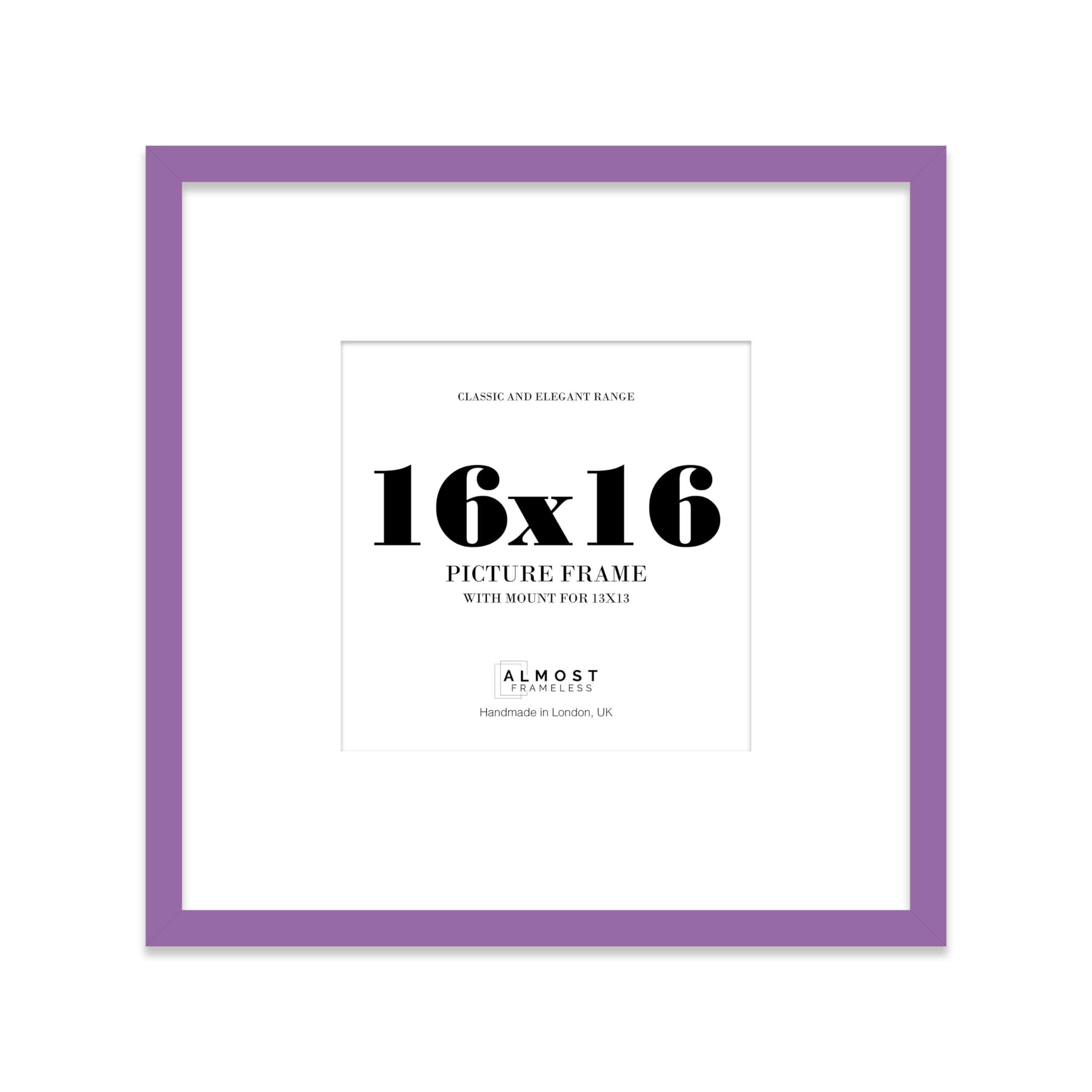 Almost Frameless 16x16 Square Picture Frame, Display Pictures 13x13 With Mat or 16x16 Without Mat, Wall Hanging & Free Standing Photo Frame, Purple, 1 Pack